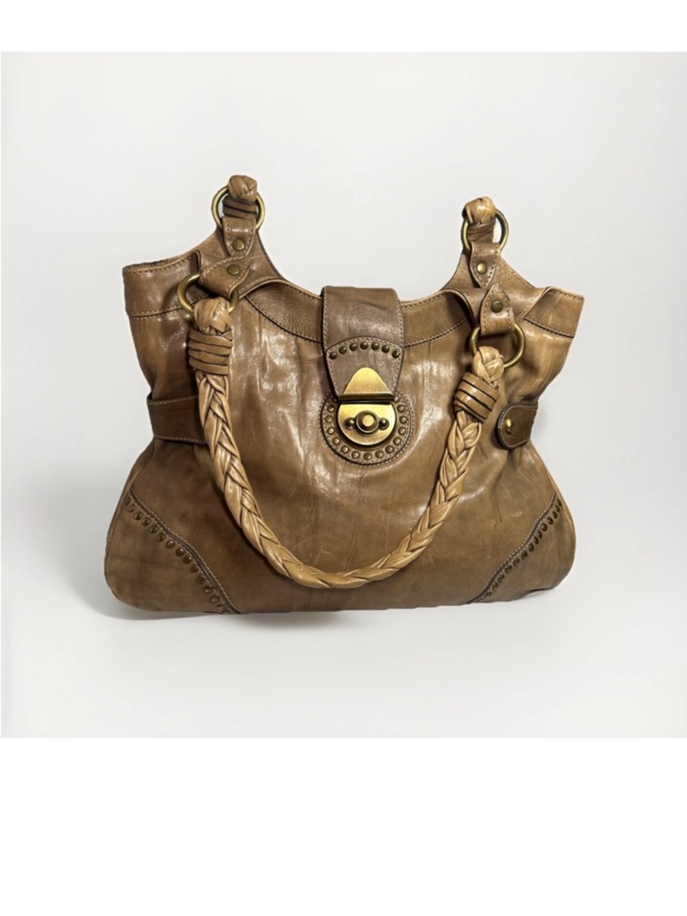 Authentic Francesco Biasia Leather Boho Shoulder Bag in Antique Green/ Brown  XL